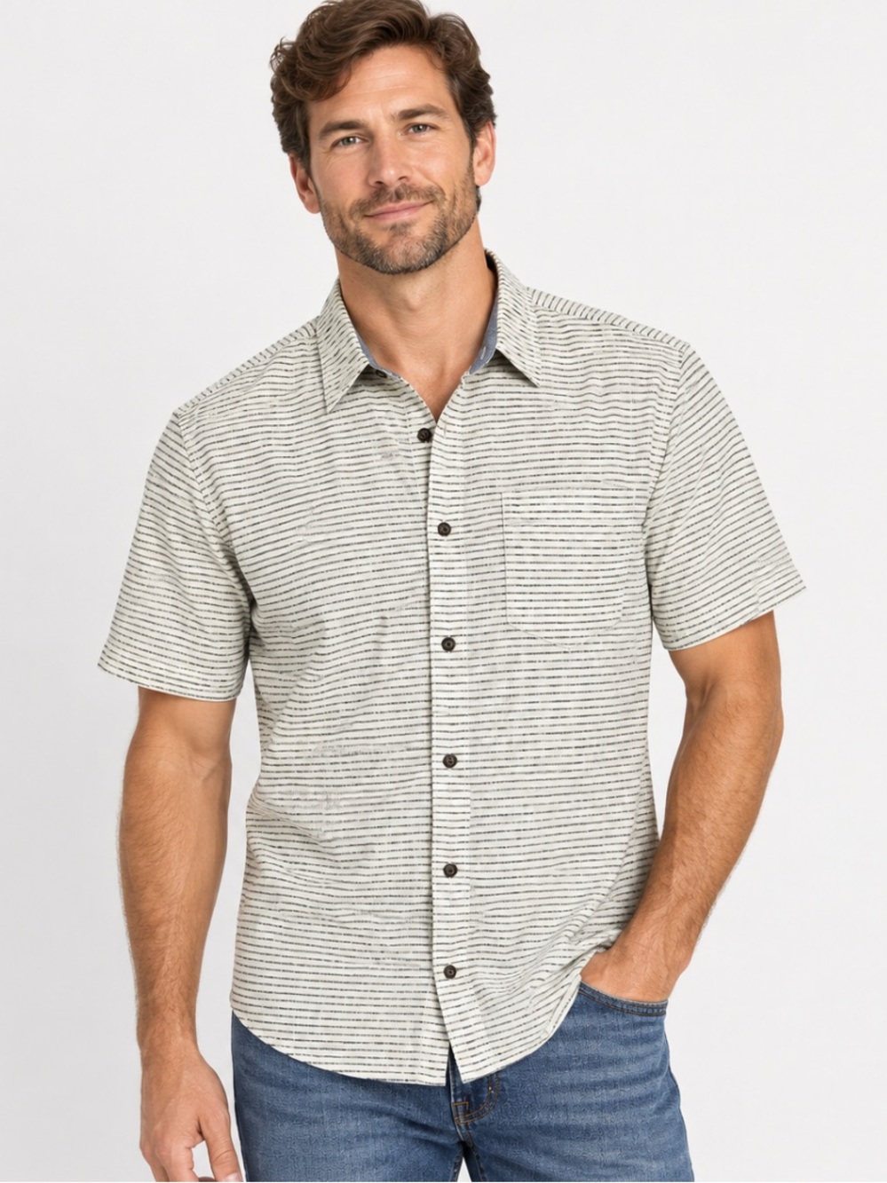 Toad&Co Harris Men's Striped Button-Up Short Sleeve Shirt - Cream/Blue T2002101
